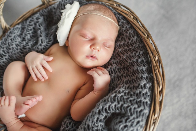 Newborn baby with white flower on head, sleeping sweetly in the brown, round, wicker basket in soft grey knitted shawl,pursing his arms and legs,a portrait of a sleeping baby on grey background
