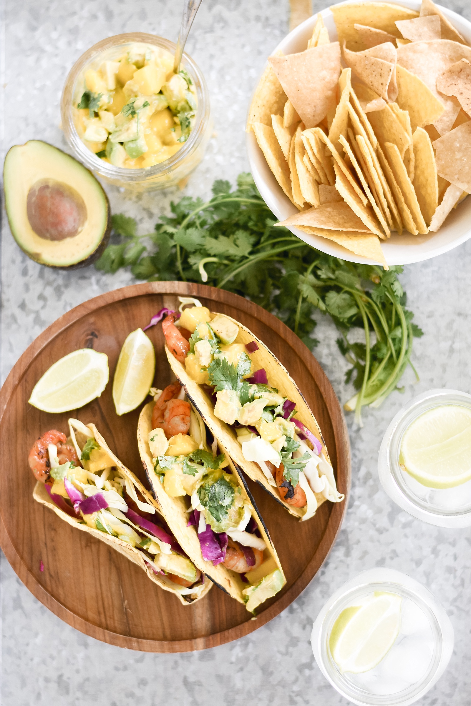 Grilled Spicy Shrimp Tacos with Avocado Mango Salsa and Chipotle Mayo